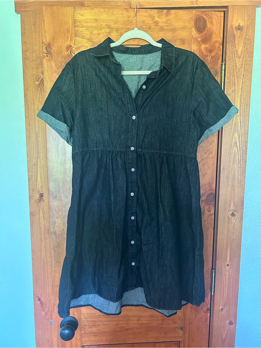 Button-Front Short Sleeve Denim Dress - Black